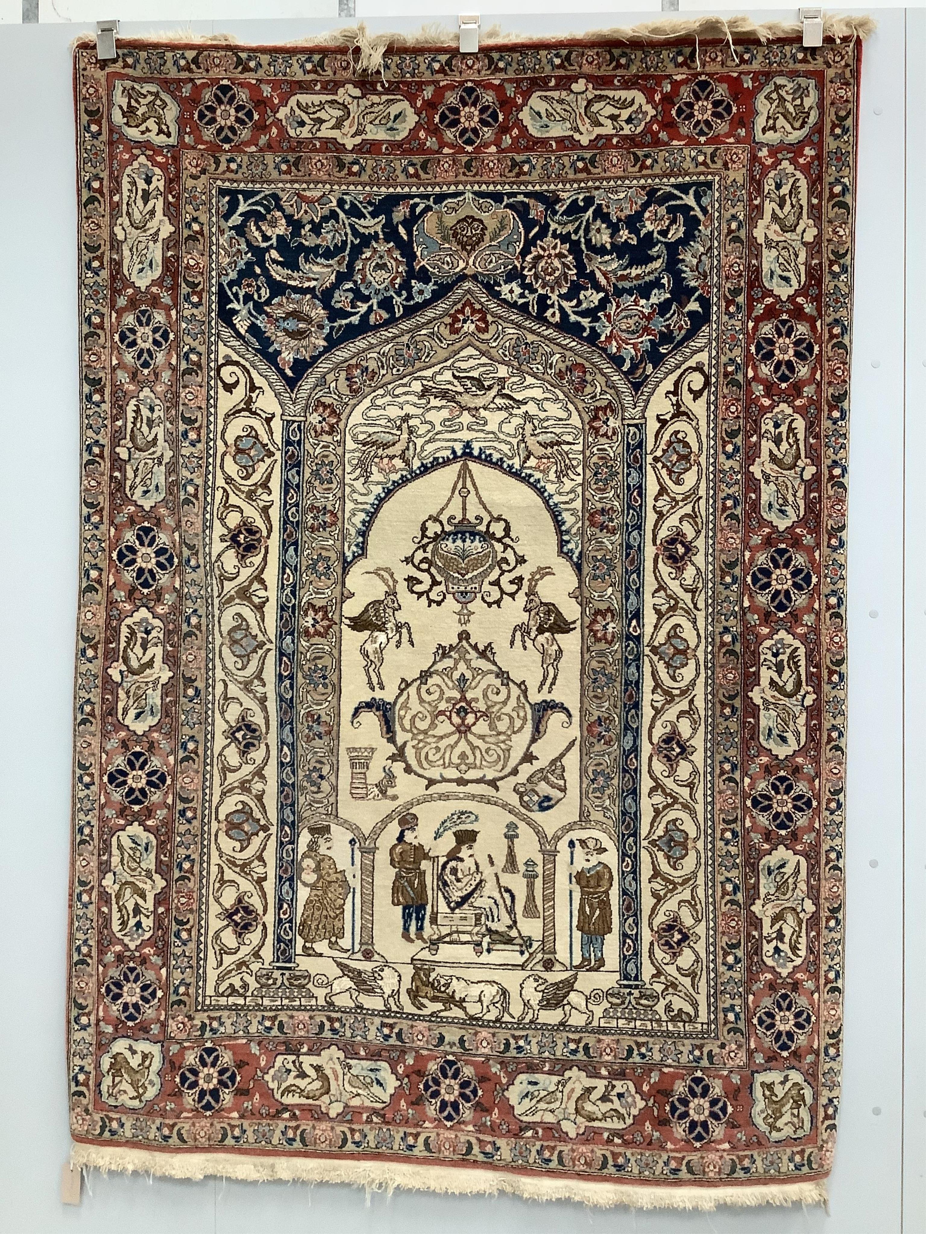 An unusual Isphahan pictorial prayer rug, woven with figures and animals, 195 x 140cm